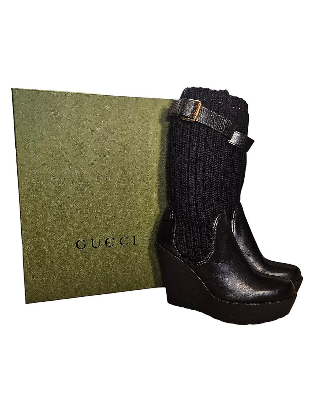 GUCCI LEATHER AND KNIT WEDGE SOCK BOOTS